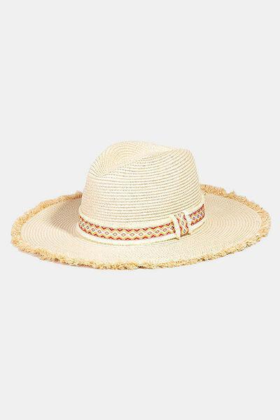 a straw hat with a ribbon around the brim