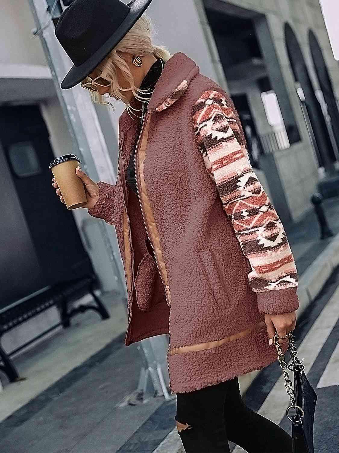 Geometric Zip-Up Long Fleece Coat-MXSTUDIO.COM