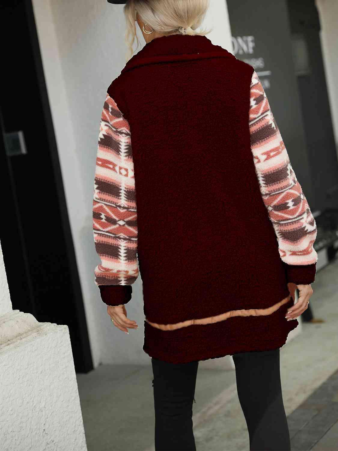 Geometric Zip-Up Long Fleece Coat-MXSTUDIO.COM