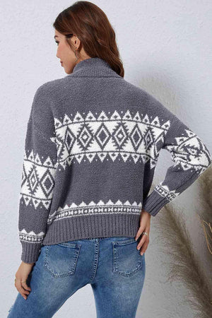 Geometrical Pattern Quarter Zip Pullover Sweater - MXSTUDIO.COM