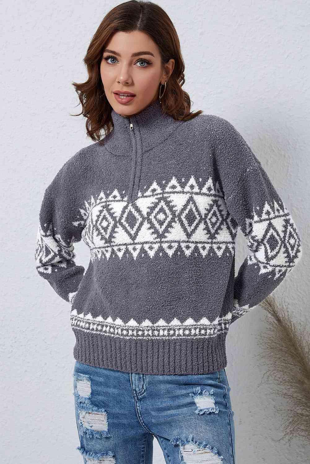 Geometrical Pattern Quarter Zip Pullover Sweater - MXSTUDIO.COM