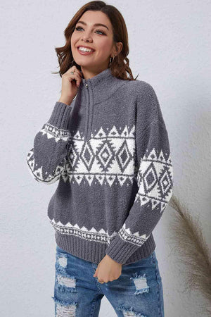 Geometrical Pattern Quarter Zip Pullover Sweater - MXSTUDIO.COM