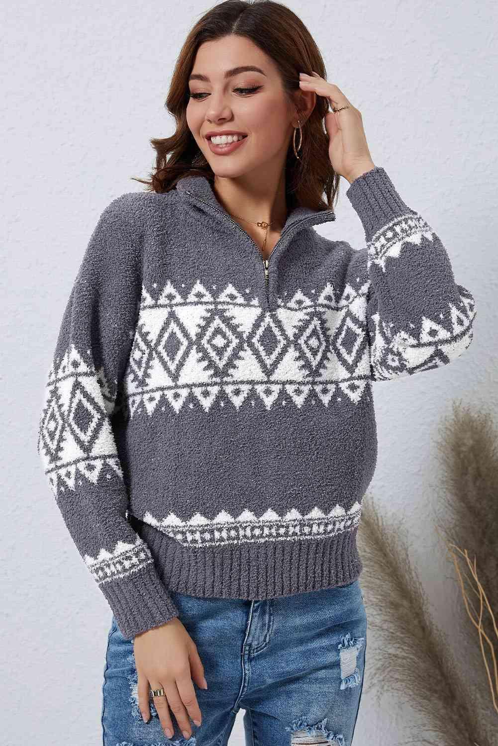 Geometrical Pattern Quarter Zip Pullover Sweater - MXSTUDIO.COM