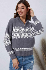 Geometrical Pattern Quarter Zip Pullover Sweater - MXSTUDIO.COM