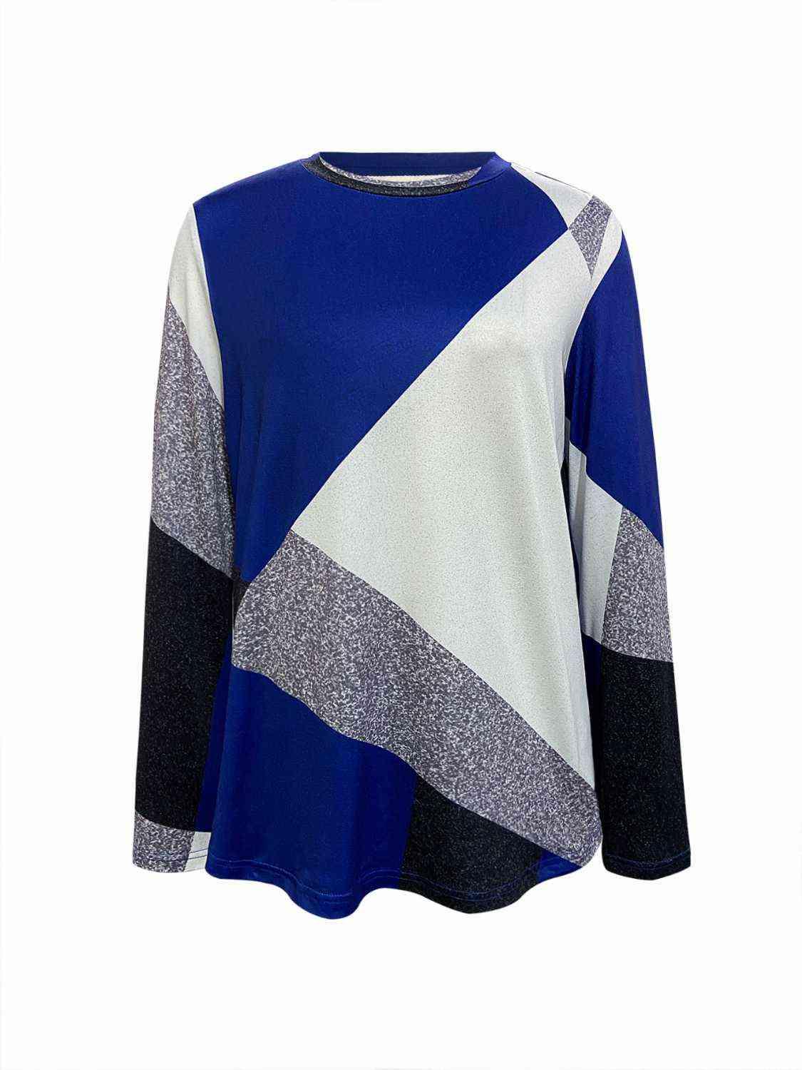 a blue and white sweater with a black and grey stripe