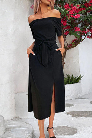 Get Noticed Midi Off Shoulder Slit Dress - MXSTUDIO.COM