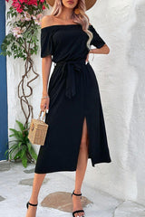 Get Noticed Midi Off Shoulder Slit Dress - MXSTUDIO.COM