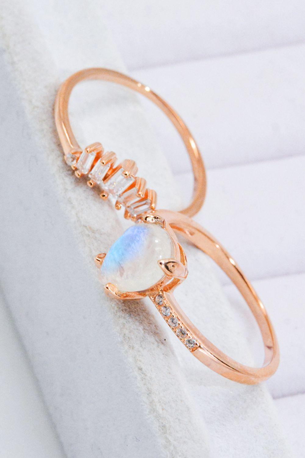 Get Praised Moonstone And Zircon 2 Piece Ring Set - MXSTUDIO.COM