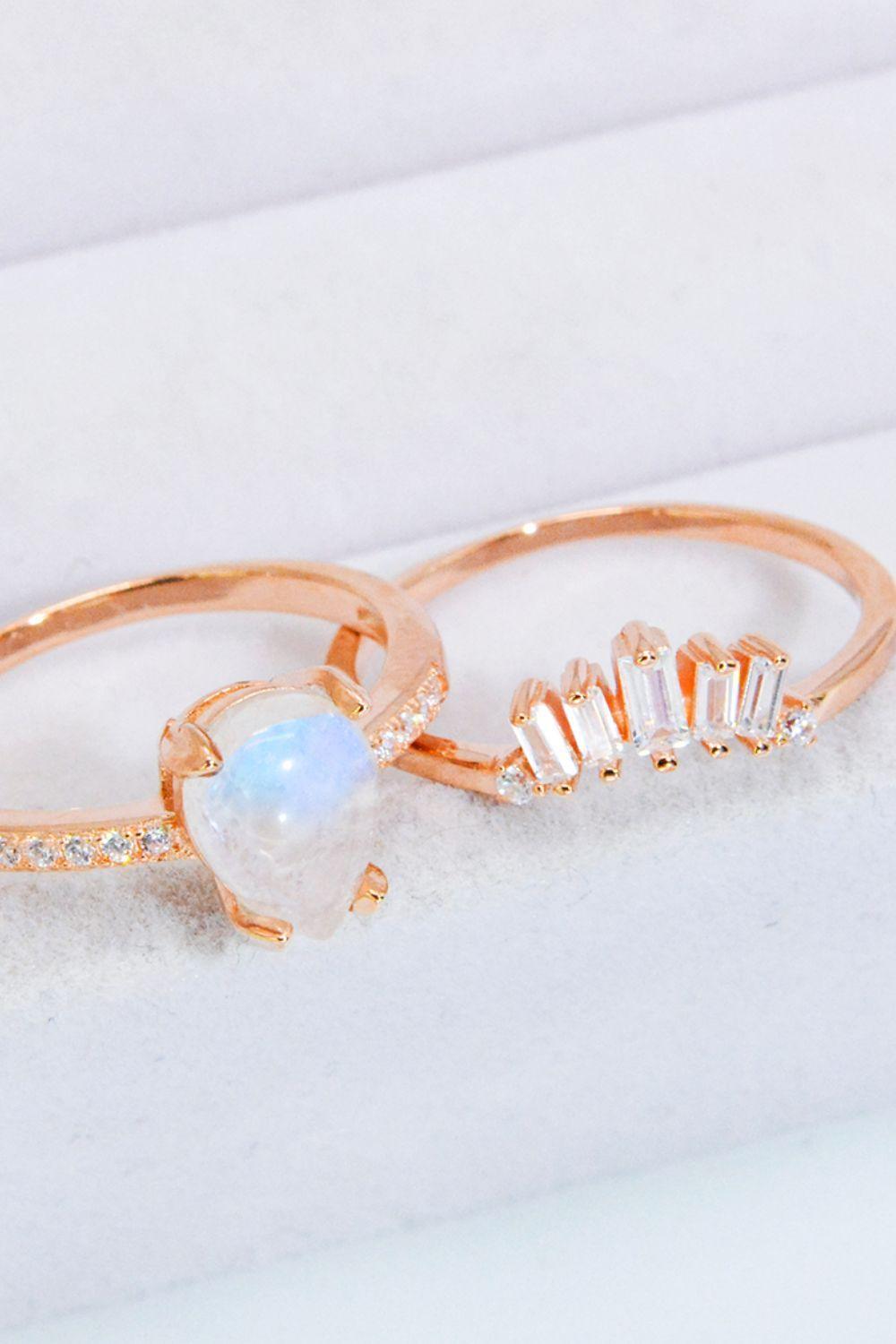 Get Praised Moonstone And Zircon 2 Piece Ring Set - MXSTUDIO.COM