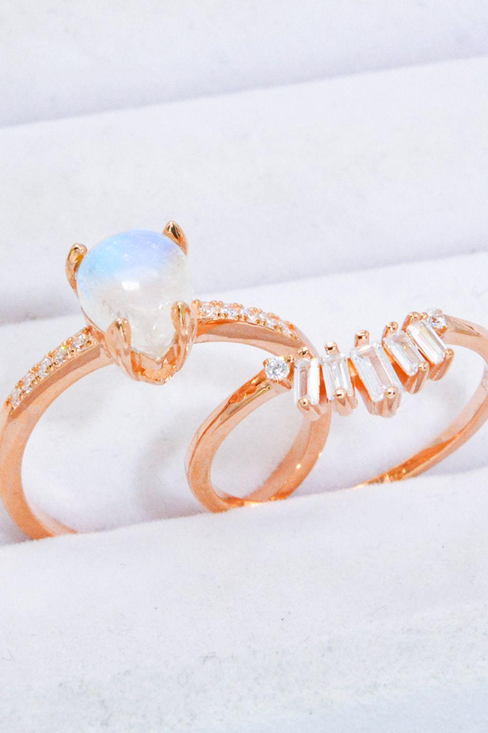 Get Praised Moonstone And Zircon 2 Piece Ring Set - MXSTUDIO.COM