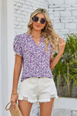 Get Sassy Notched Neck Floral Puff Sleeve Blouse - MXSTUDIO.COM