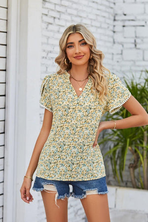 Get Sassy Notched Neck Floral Puff Sleeve Blouse - MXSTUDIO.COM