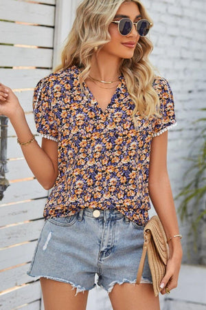 Get Sassy Notched Neck Floral Puff Sleeve Blouse - MXSTUDIO.COM