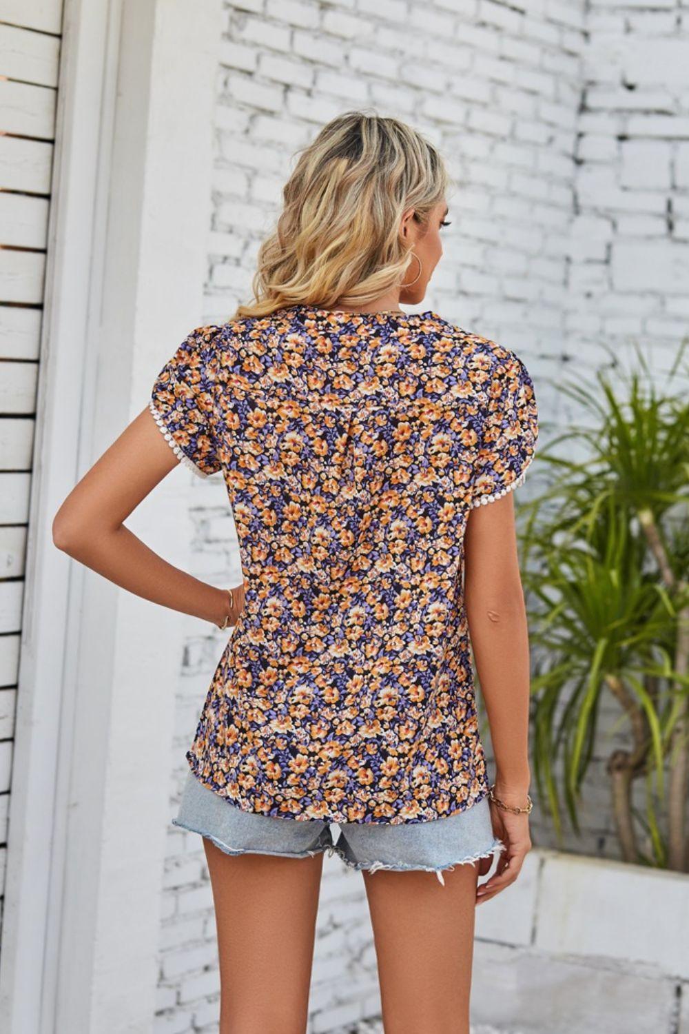 Get Sassy Notched Neck Floral Puff Sleeve Blouse - MXSTUDIO.COM