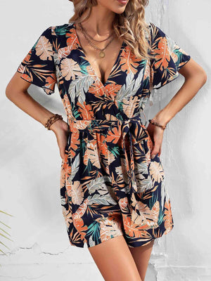 Getaway Charm Botanical Print Tie Waist Romper - MXSTUDIO.COM