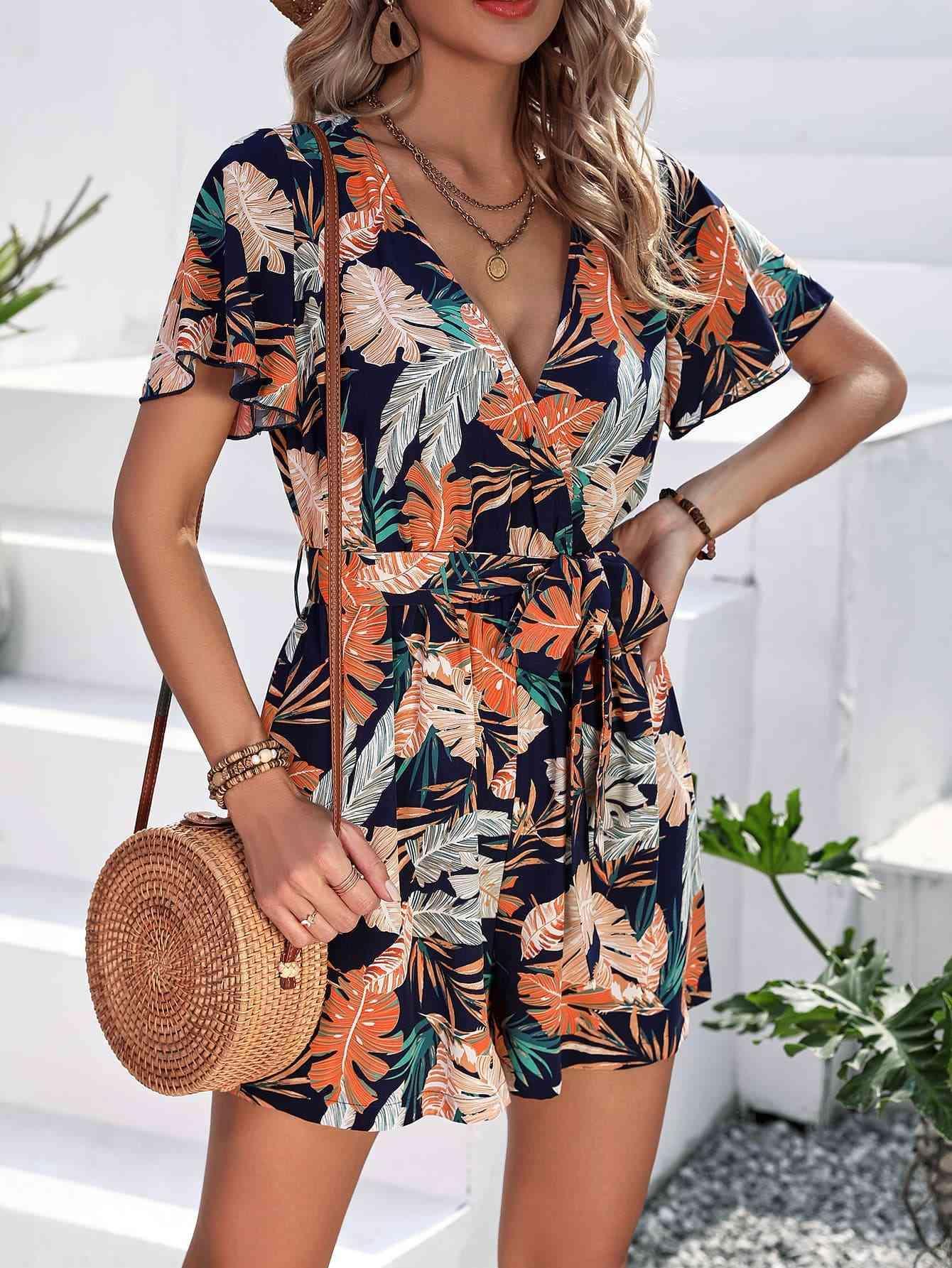 Getaway Charm Botanical Print Tie Waist Romper - MXSTUDIO.COM