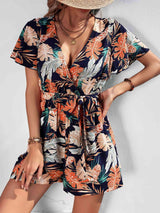 Getaway Charm Botanical Print Tie Waist Romper - MXSTUDIO.COM