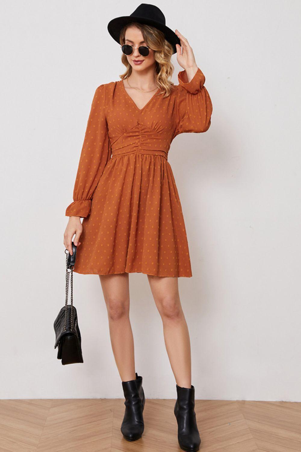 Girl Next Door Long Sleeve V Neck Mini Dress - MXSTUDIO.COM