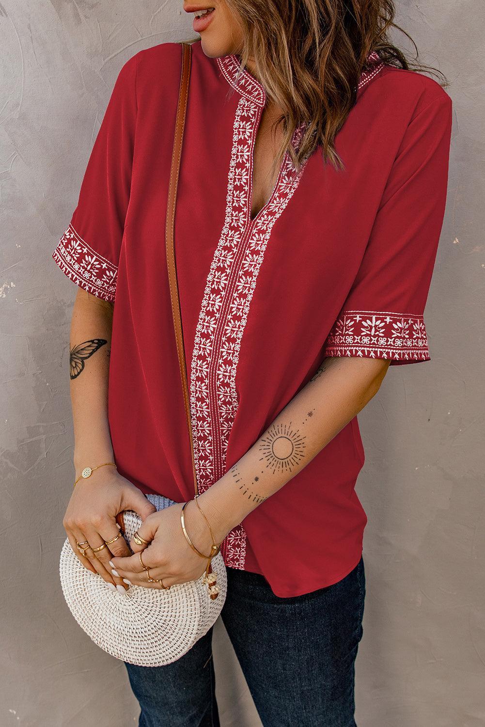 Girl Next Door Notched Neck Embroidered Blouse - MXSTUDIO.COM