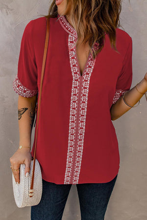 Girl Next Door Notched Neck Embroidered Blouse - MXSTUDIO.COM