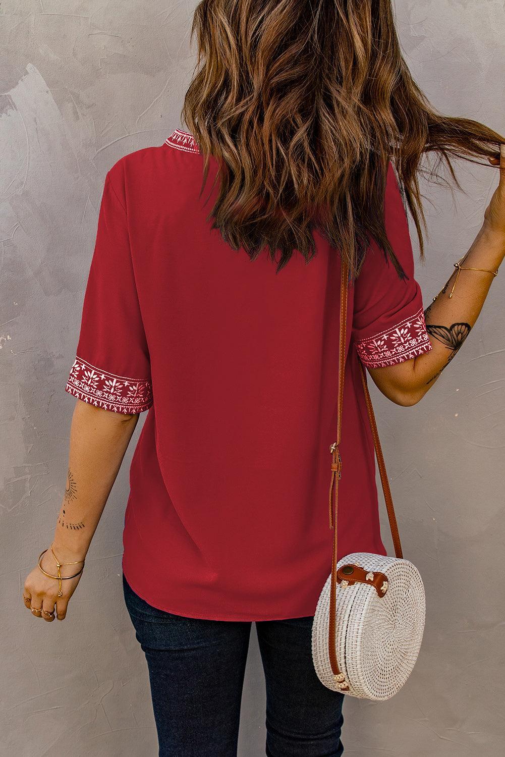 Girl Next Door Notched Neck Embroidered Blouse - MXSTUDIO.COM