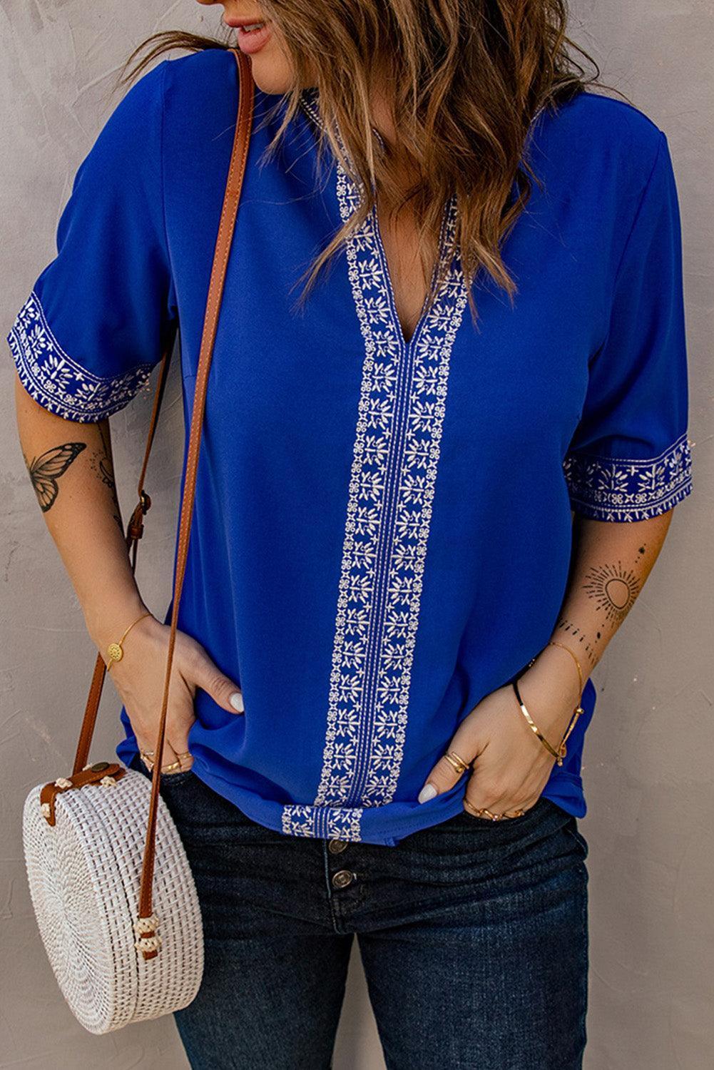 Girl Next Door Notched Neck Embroidered Blouse - MXSTUDIO.COM