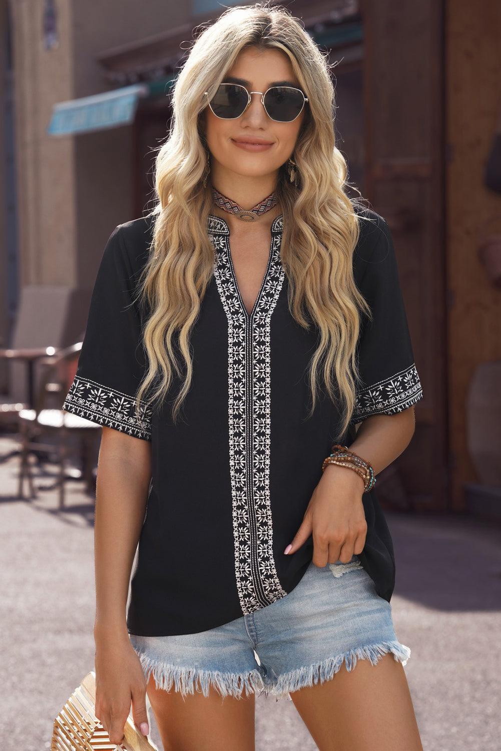 Girl Next Door Notched Neck Embroidered Blouse - MXSTUDIO.COM