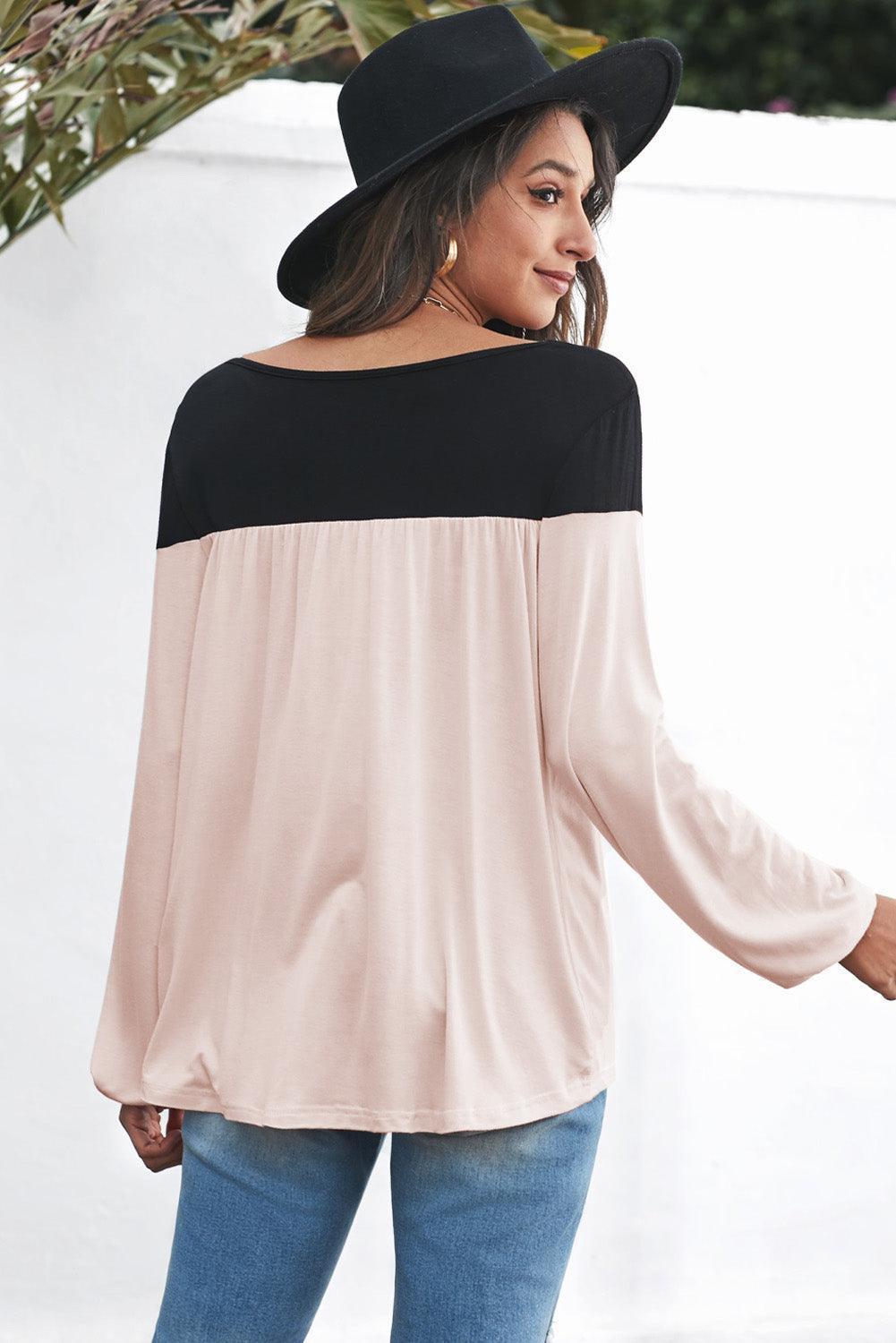 Girly Color Block Balloon Sleeve Blouse - MXSTUDIO.COM