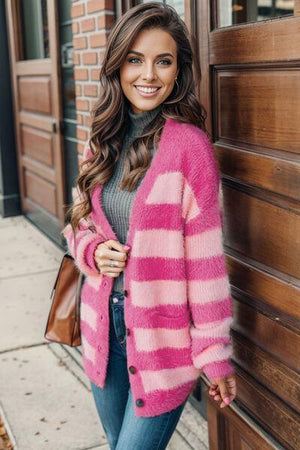 Girly Embrace Buttoned Hot Pink Fuzzy Cardigan-MXSTUDIO.COM