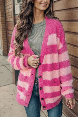 Girly Embrace Buttoned Hot Pink Fuzzy Cardigan-MXSTUDIO.COM