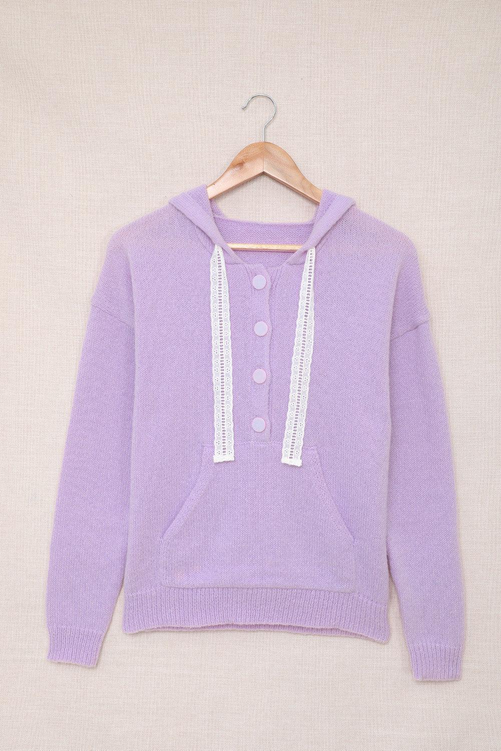 Girly Lace Trim Buttoned Sweater Hoodie - MXSTUDIO.COM