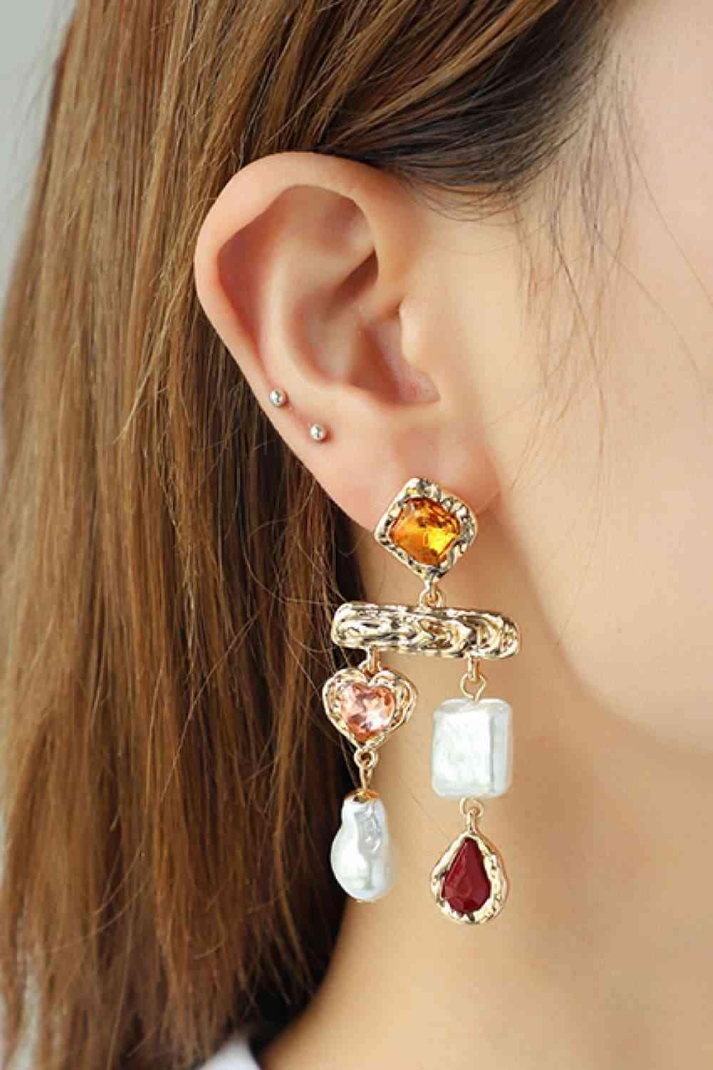 Glass Stone And Synthetic Pearl Fashion Dangle Earrings-MXSTUDIO.COM