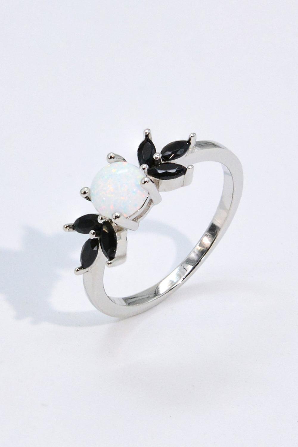 Gleaming Zircon Accent Platinum Plated Round Opal Ring - MXSTUDIO.COM