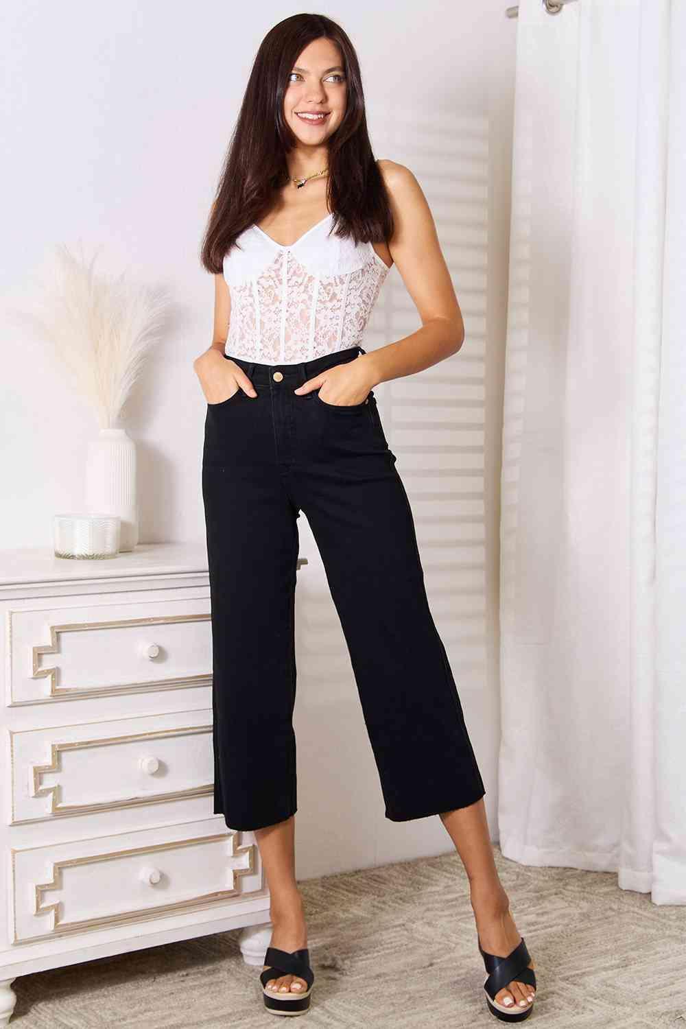 Glide Stylishly High Waist Black Plus Size Crop Jeans - MXSTUDIO.COM