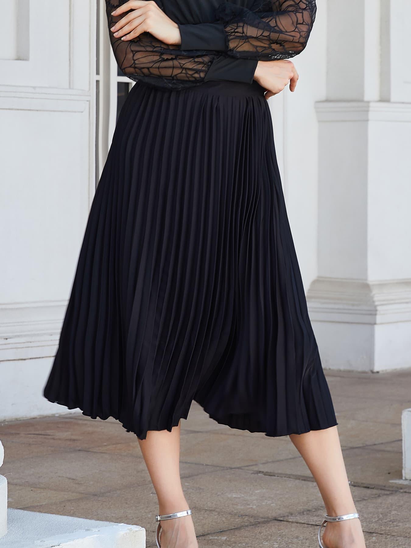 Glide With Ease Black Pleated Midi Skirt - MXSTUDIO.COM