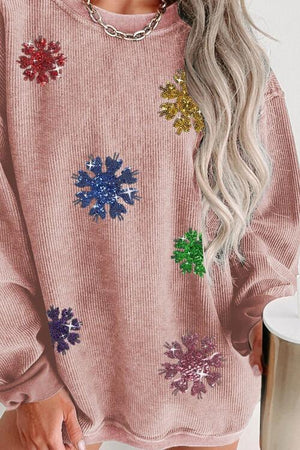 Glittery And Cozy Sequin Snowflake Sweatshirt-MXSTUDIO.COM