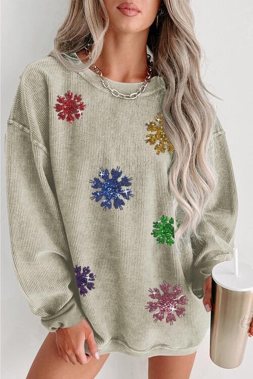 Glittery And Cozy Sequin Snowflake Sweatshirt-MXSTUDIO.COM