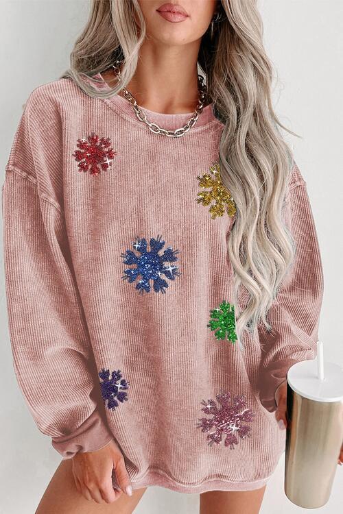 Glittery And Cozy Sequin Snowflake Sweatshirt-MXSTUDIO.COM