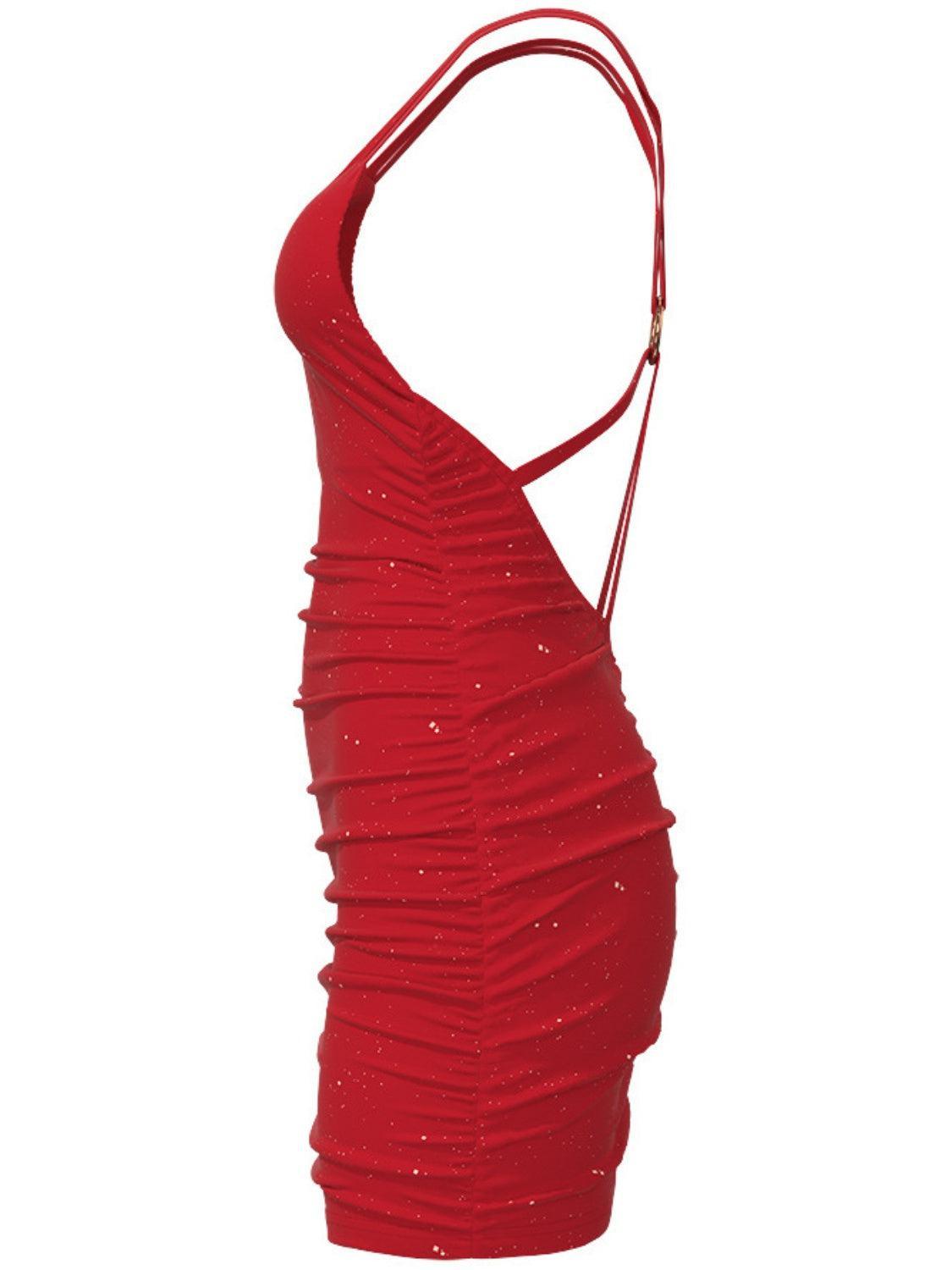 a women's red dress with ruffles on it