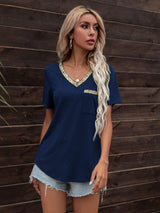 Glittery Short Sleeve Pocket V Neck Tee - MXSTUDIO.COM