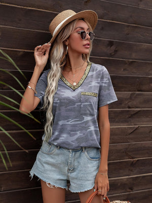 Glittery Short Sleeve Pocket V Neck Tee - MXSTUDIO.COM