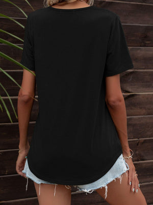 Glittery Short Sleeve Pocket V Neck Tee - MXSTUDIO.COM