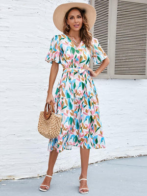 Glorious Flutter Sleeve Tie Waist Midi Dress - MXSTUDIO.COM