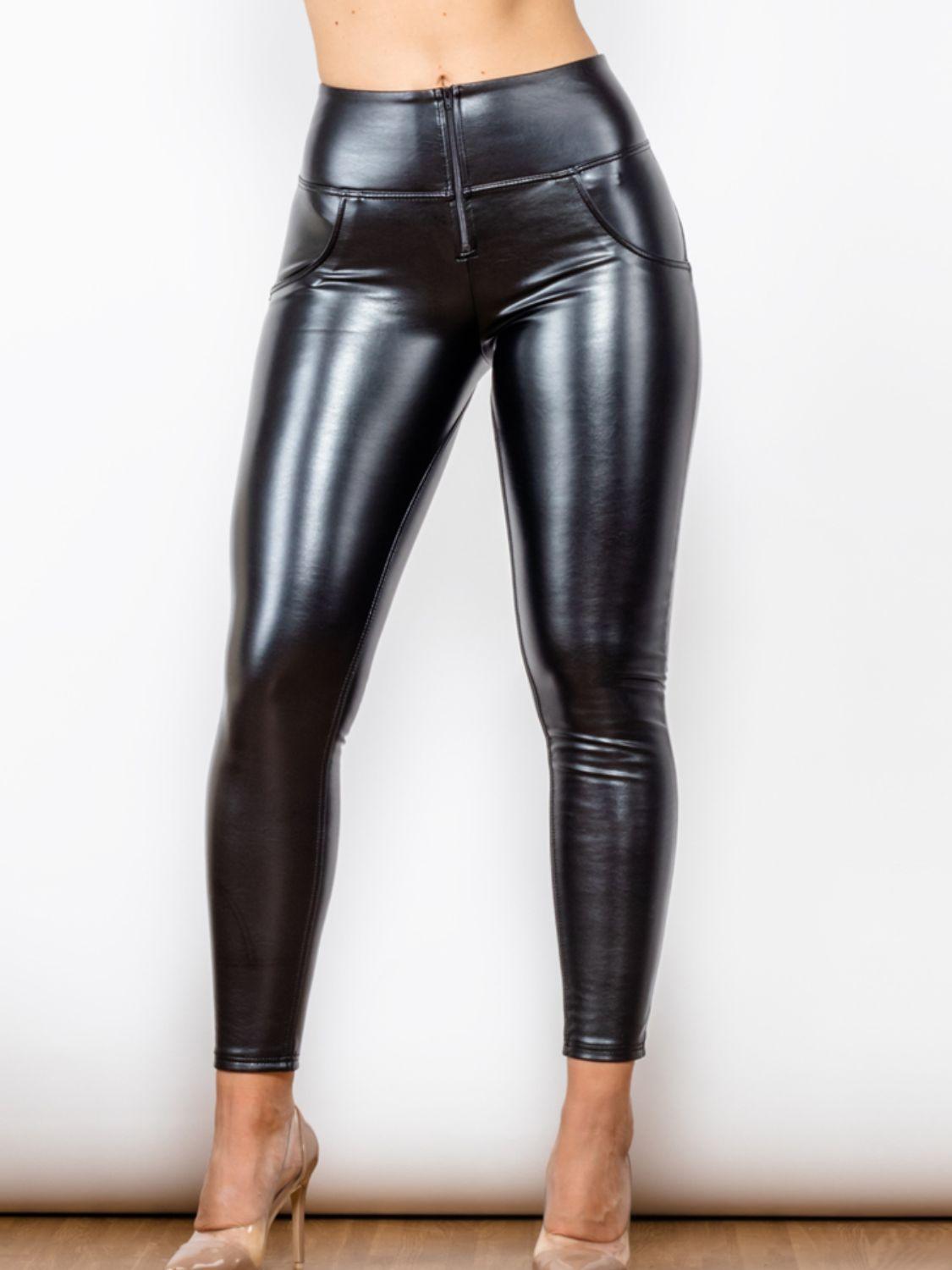 Glossy High Waist Black Leather Leggings - MXSTUDIO.COM