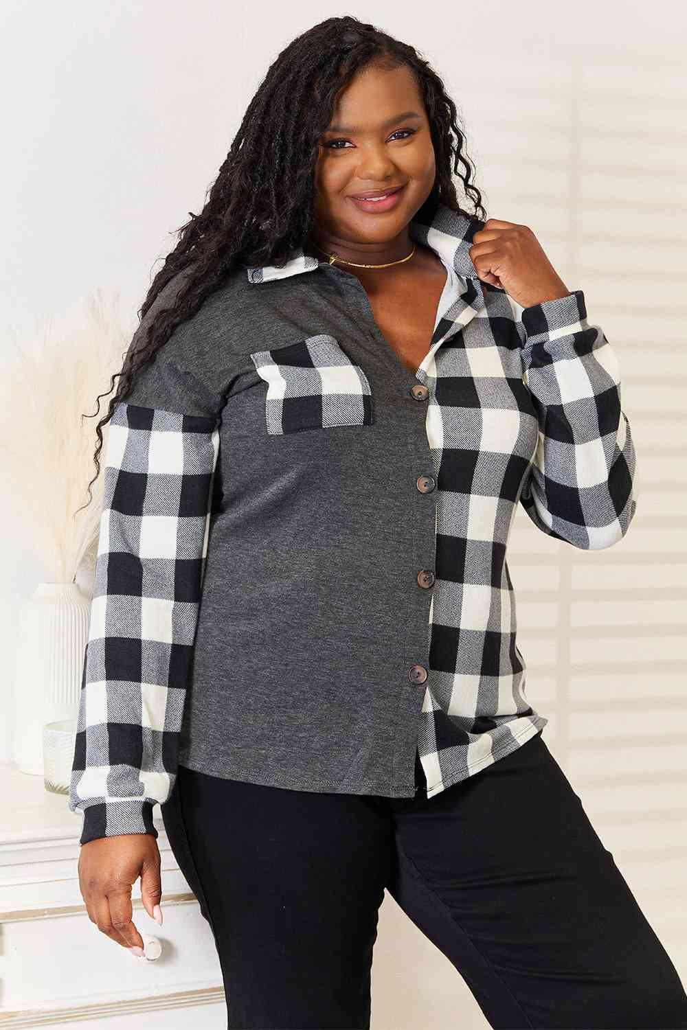 Go-Anywhere Contrast Plus Size Plaid Shacket - MXSTUDIO.COM