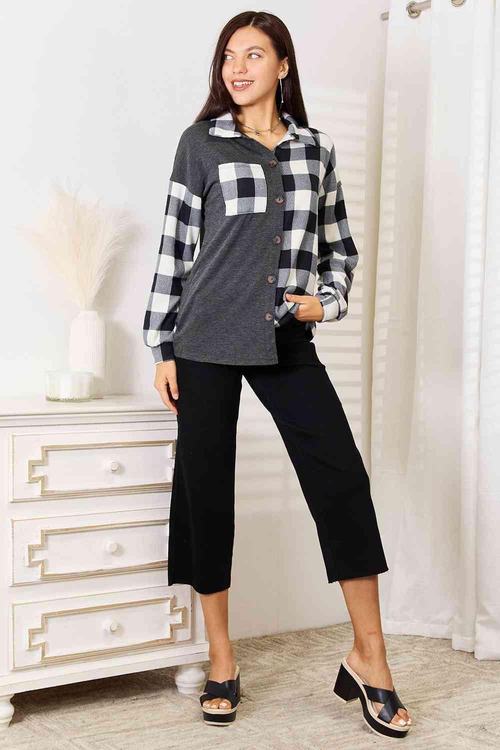 Go-Anywhere Contrast Plus Size Plaid Shacket - MXSTUDIO.COM