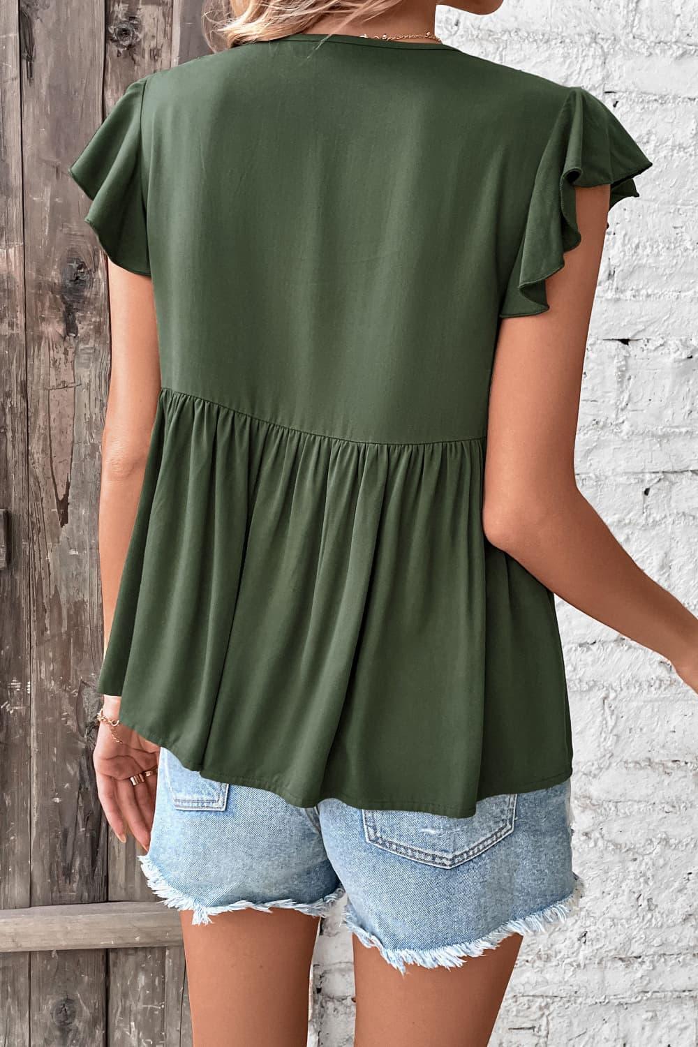 Go Easy Buttoned Flutter Short Sleeve Babydoll Top - MXSTUDIO.COM