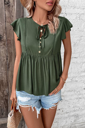 Go Easy Buttoned Flutter Short Sleeve Babydoll Top - MXSTUDIO.COM