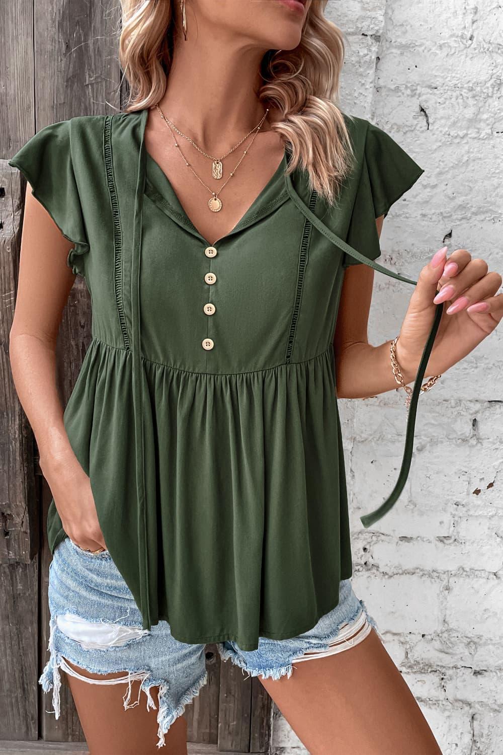 Go Easy Buttoned Flutter Short Sleeve Babydoll Top - MXSTUDIO.COM