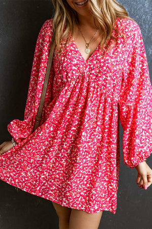 Go Easy V-Neck Long Sleeve Floral Mini Dress - MXSTUDIO.COM